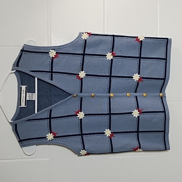 Crystal Kobe 100% Cotton Knit Sweater Vest Denim Blue Navy Gold Buttons - Picture 9 of 9